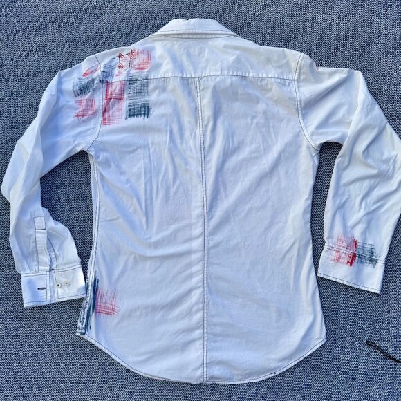 7 Diamonds Mens Long-Sleeve Button-Up Shirt With Red & Blue Abstract Print Retro - Picture 3 of 7